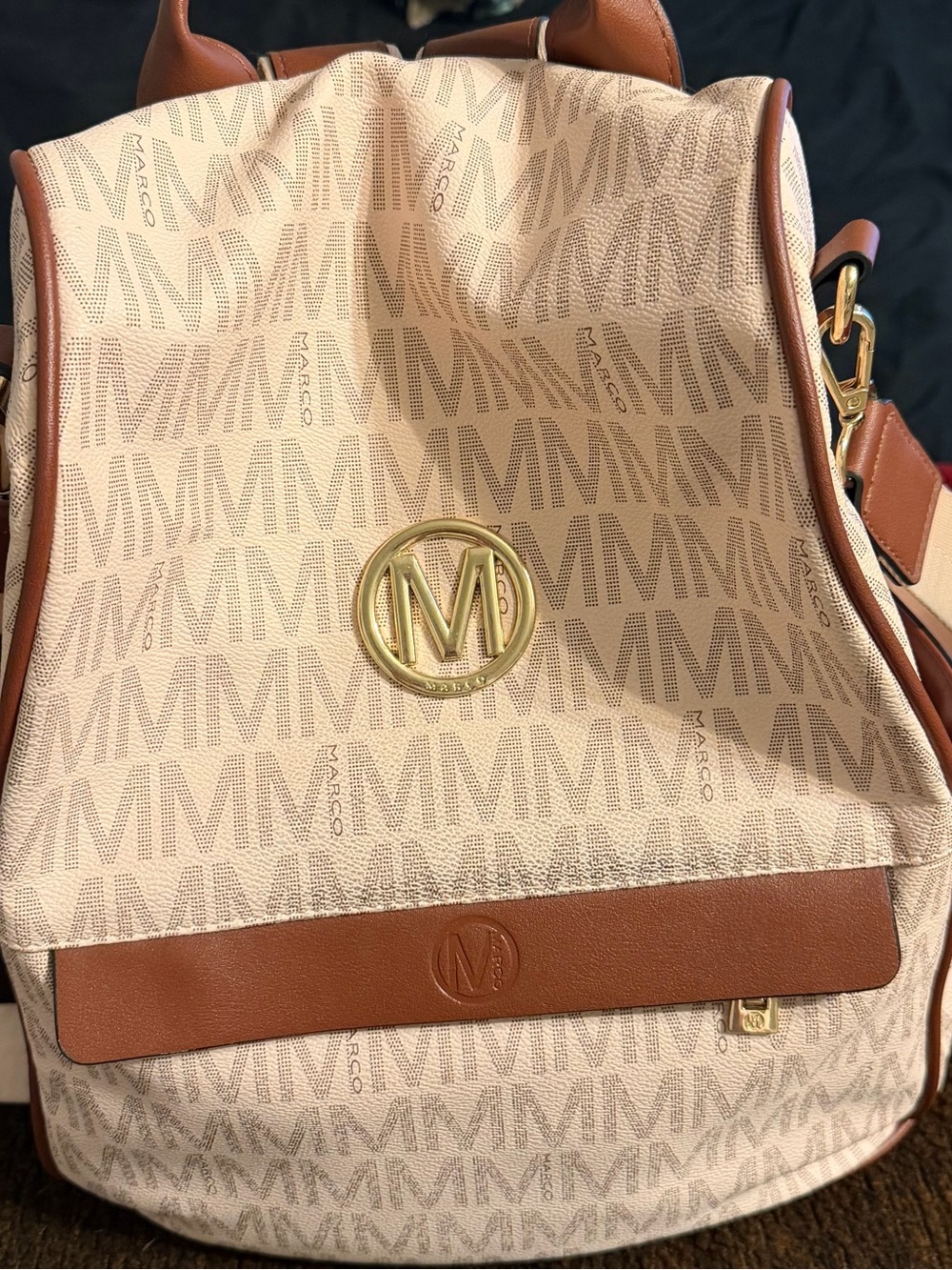 Beige & Brown Logo Backpack with Gold Accent